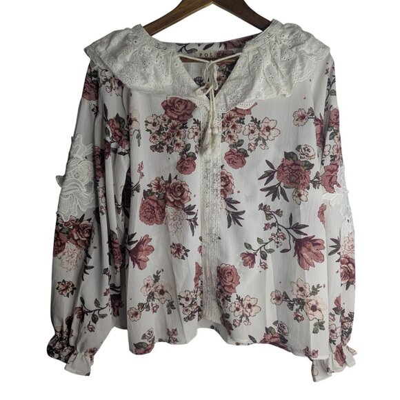 Pol Peasant Blouse Women's Sz S Lace Shawl Floral Cottagecore Feminine Flowy - Picture 1 of 11